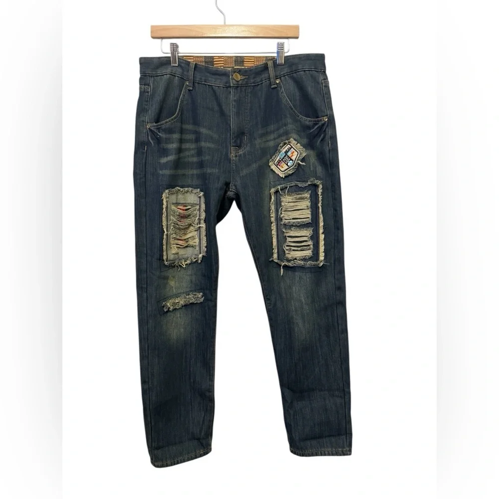 Men’s Distressed Patchwork Jeans Size 36 | Ripped Denim | Streetwear